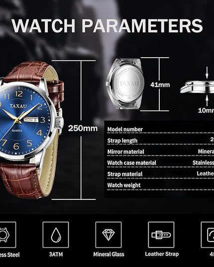Mens Leather Watch Large Face Classic Quartz Mens Analog Watches Luxury Dress Watches for Men Waterproof Men's Wrist Watch Easy Read with Date Number Dial Relojes para Hombre