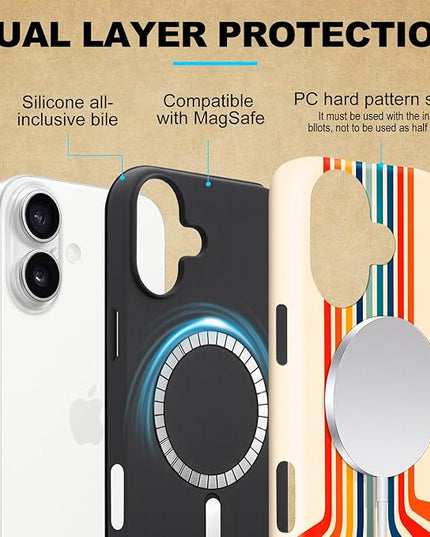 Magnetic for iPhone 16 Case Cute Frog Stripes Phone Case, Summer Shockproof Slim TPU and Hard PC Protective Phone Cover Compatible with MagSafe Designed for Women Girls