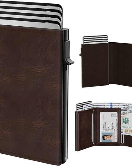 typecase Mens Wallet Card Holder: Pop Up Aluminum Case, Genuine Leather, Smart, RFID Blocking, Slim, Minimalist, Front Pocket - 9-14 Card Capacity | ID Window | Cash Slot - Oil Wax Brown