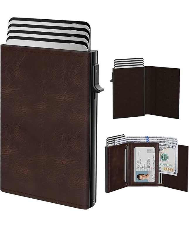 typecase Mens Wallet Card Holder: Pop Up Aluminum Case, Genuine Leather, Smart, RFID Blocking, Slim, Minimalist, Front Pocket - 9-14 Card Capacity | ID Window | Cash Slot - Oil Wax Brown