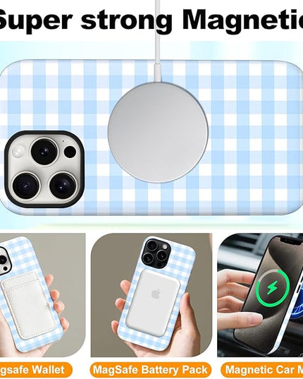 Magnetic for iPhone 16 Pro Case Cute Checkered Stripes Phone Case for Women Girls, Shockproof Slim TPU and Hard PC Protective Phone Cover Compatible with MagSafe Designed, Blue