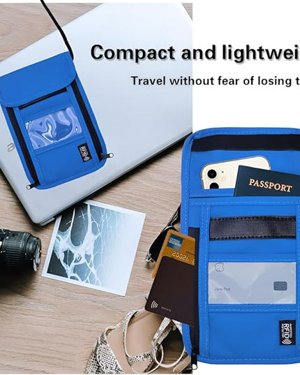 Travel Neck Wallet with RFID Blocking – Passport Holder Organizer Neck Pouch – Portable Easy to Conceal Travel Pouch (PVC Blue)