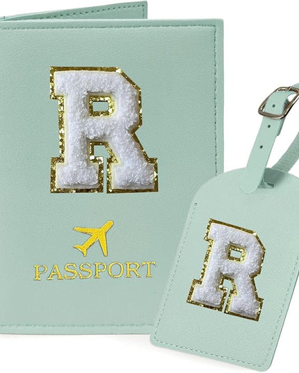 COSHAYSOO Green Passport Cover and Initial Luggage Tag Set TSA Approved with Preppy Chenille Letter Patch for Women Girl Friends, Trendy Travel Bag Backpack Suitcase Identifier Thanksgiving Gifts (R)