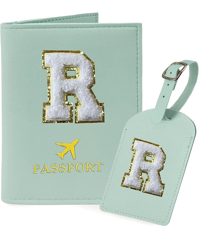 COSHAYSOO Green Passport Cover and Initial Luggage Tag Set TSA Approved with Preppy Chenille Letter Patch for Women Girl Friends, Trendy Travel Bag Backpack Suitcase Identifier Thanksgiving Gifts (R)
