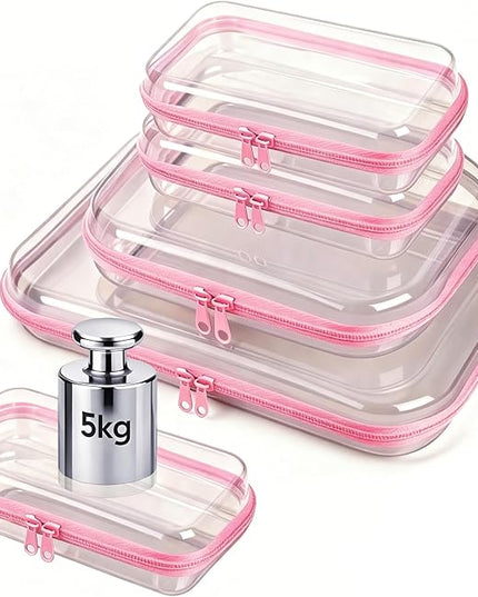 5 Pack Clear Hard Shell Zipper Pouches, TSA Friendly Transparent Design for Toiletries & Electronics, Crush-Resistant Storage for Carry-On Travel (Pink)