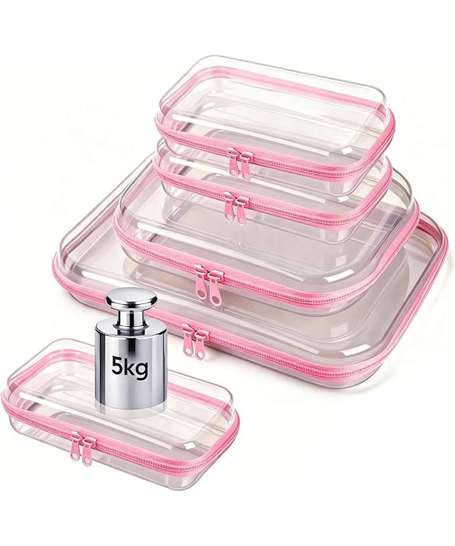 5 Pack Clear Hard Shell Zipper Pouches, TSA Friendly Transparent Design for Toiletries & Electronics, Crush-Resistant Storage for Carry-On Travel (Pink)