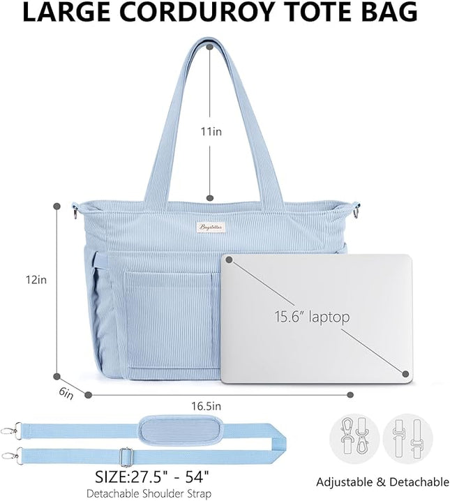 Corduroy Tote Bag for Women, 17 Pockets Laptop Work Tote Bag Lightweight Teacher Nurse Bible Bag for School Travel | with 40oz Cup Holder, Multi Compartment, Zipper Crossbody Bag, College Shoulder Bag, Daily Purse w/ Strap, Ideal Gift for Women