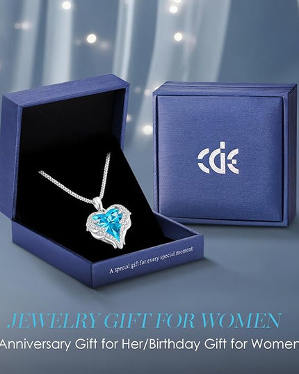 CDE Christmas Gifts for Women Angel Wings Necklace for Women with Birthstone, Love Heart Silver Tone/Gold Tone Pendant, Ideal Anniversary or Birthday Jewelry Gifts for Wife Girlfriend Her