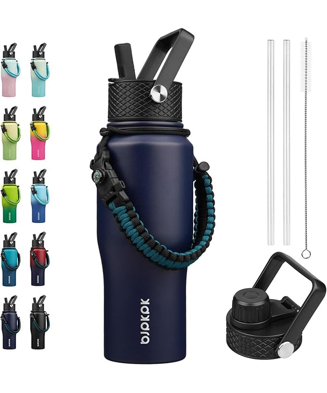 BJPKPK Insulated Water Bottles with Straw Lid, 23oz Metal Water Bottle with 2 lids & Paracord Strap, Double Wall Stainless Steel Vacuum Tumblers, Cups, Mugs, Thermo for Hot& Cold Drinks, Navy Blue