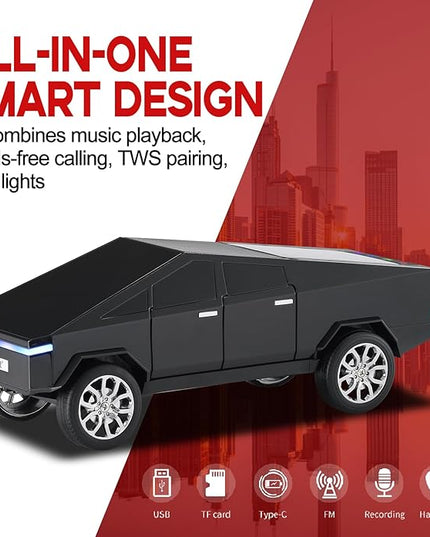 Futuristic Shapes Truck Bluetooth Speaker with LED Display Screen – TWS Stereo, FM Radio, USB/TF Playback, LED Headlights, Built-in Mic, Gift for Car Lovers, Model Collectors & Tech Fans (Black)