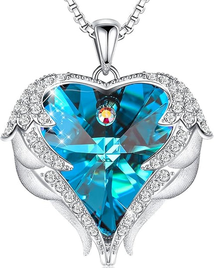 CDE Christmas Gifts for Women Angel Wings Necklace for Women with Birthstone, Love Heart Silver Tone/Gold Tone Pendant, Ideal Anniversary or Birthday Jewelry Gifts for Wife Girlfriend Her