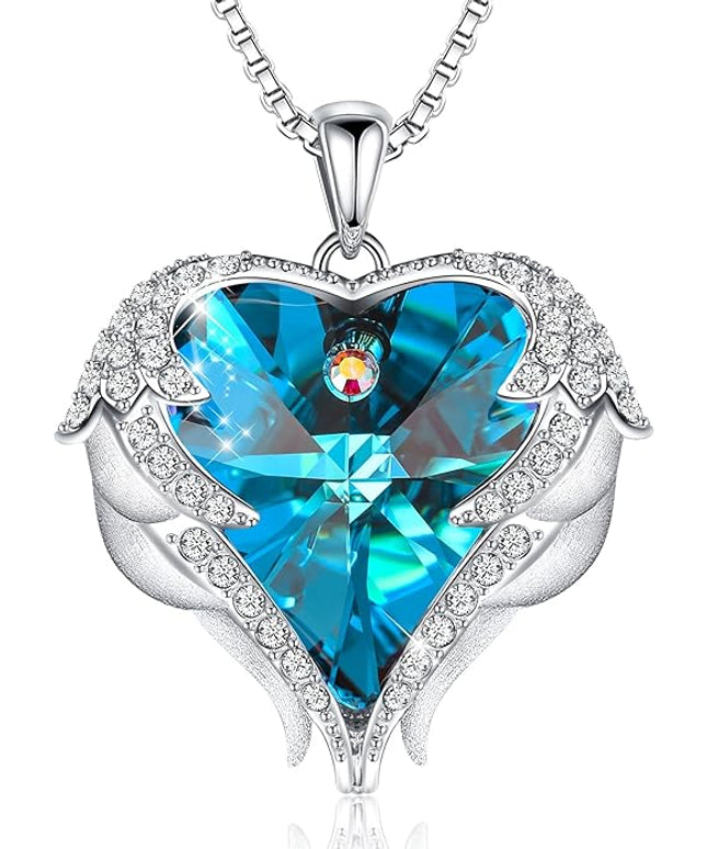 CDE Christmas Gifts for Women Angel Wings Necklace for Women with Birthstone, Love Heart Silver Tone/Gold Tone Pendant, Ideal Anniversary or Birthday Jewelry Gifts for Wife Girlfriend Her