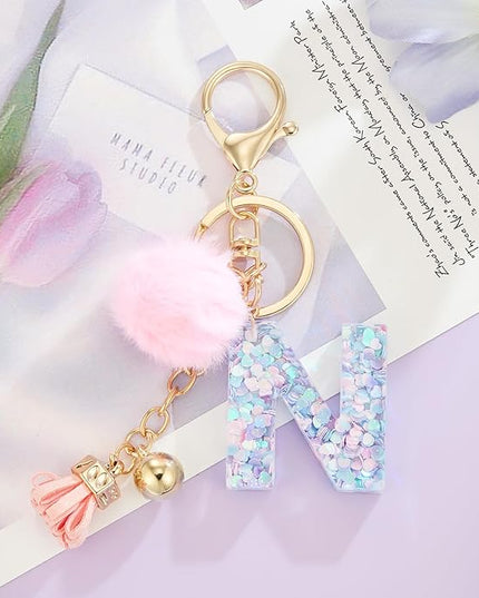 Resin Alphabet Initial Letter Keychain Keyring for Women Purse Handbags With Fur Ball Pom