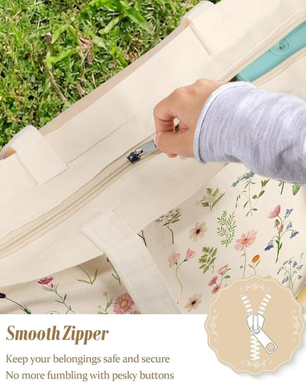 Large Tote Bag for Women - Aesthetic Cute Big Canvas Bags with Zipper Cotton Shoulder Bag for Gym, Travel, Work