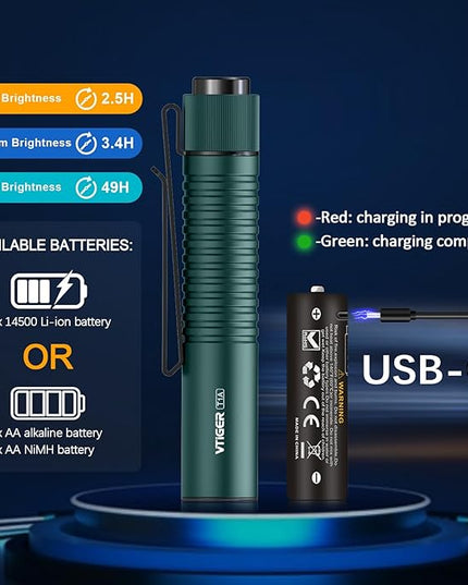 VTIGER T1A Mini Pocket EDC Flashlight with Clip,1300 Lumen Compact AA Rechargeable LED Little Flashlights, Super Bright Tail Switch Small Flash Light with Magnet for Camping,Hiking,Outdoor,Emergency