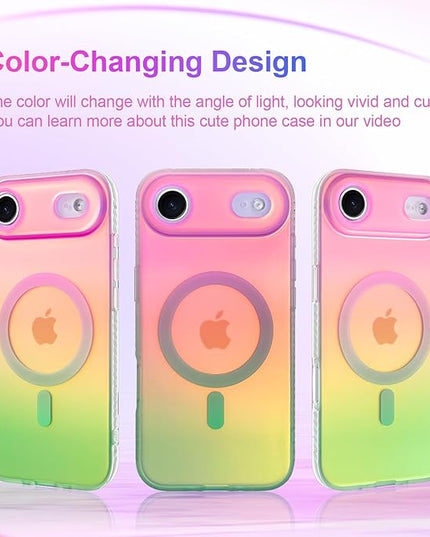 Aesthetic Case for iPhone Air Case for Women Girls [Compatible with Magsafe] Cute Girly Trendy Glitter Sparkly Rainbow Magnetic Protective Phone Cover, Matte Iridescent Pink & Green