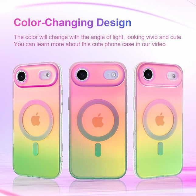 Aesthetic Case for iPhone Air Case for Women Girls [Compatible with Magsafe] Cute Girly Trendy Glitter Sparkly Rainbow Magnetic Protective Phone Cover, Matte Iridescent Pink & Green