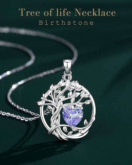 FANCIME Tree of life Birthstone necklace Sterling Silver Pendant Birthstone Necklace Gemstone Anniversary Birthday Jewelry Christmas Gifts for Mom Her Wife
