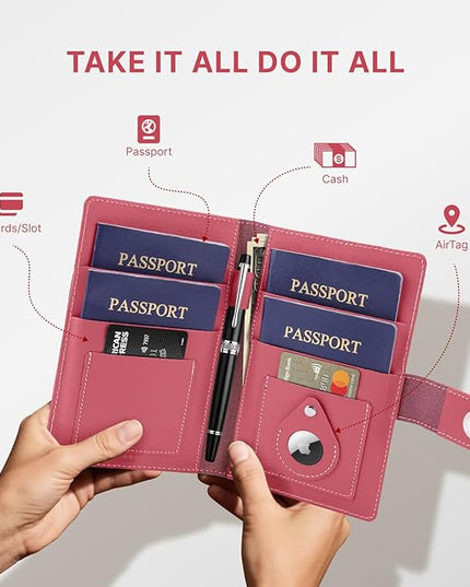 ALLIVE passport holder for travel family of 4, RFID Blocking Passport Wallet Document Organizer for Women & Men, Genuine Leather Cover with AirTag holder, Airport Essentials, Travel Gift (Rose Pink)