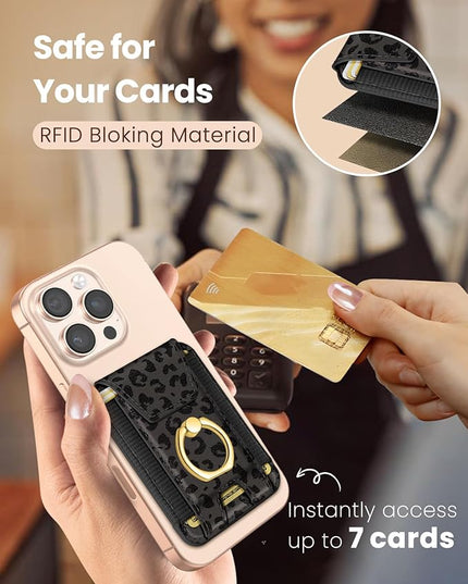 Shorogyt Compatible with Magsafe Wallet with Ring Grip Magnetic Card Holder - Cute Phone Wallets with Stand for iPhone 17/16/15/14/13/12 Series for Women Girls Black Leopard Design, Fit 7 Cards