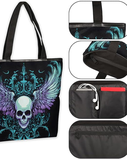 Pardick Gothic Skull Canvas Tote Bag, Eco Friendly Reusable Grocery Shopping Bags Beach Bag Book Tote Handbags Washable Shoulder Bag With Zipper Inner Pocket for Women Girls