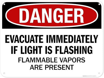 Danger Evacuate Immediately If Light is Flashing Flammable Vapors are Present Sign, 18x24 Inches, 55 mil thick HDPS (high density polystyrene), Made in USA by My Sign Center