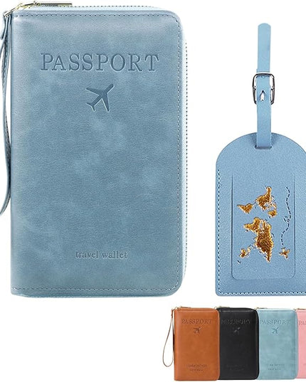Multi-Functional RFID Passport Wallet Set, Blocking Passport Holder Travel Wallet, Holds Phones, Anti-Theft Protective Case with Multiple Card Pockets for Secure Travel Essentials (Blue)