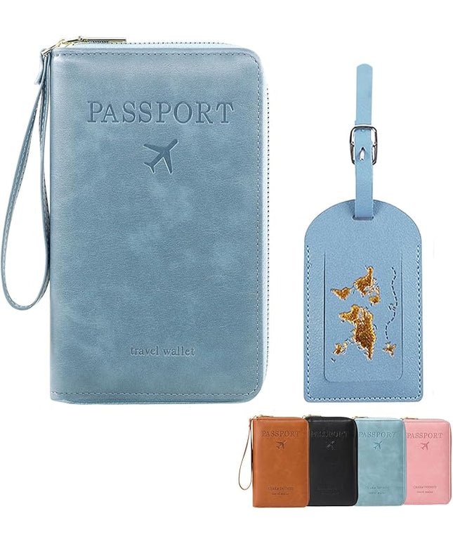 Multi-Functional RFID Passport Wallet Set, Blocking Passport Holder Travel Wallet, Holds Phones, Anti-Theft Protective Case with Multiple Card Pockets for Secure Travel Essentials (Blue)