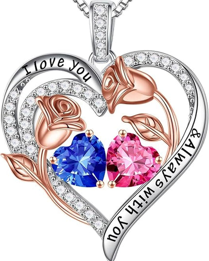 Iefil Christmas Gifts for Women Wife - 925 Sterling Silver Rose Heart Birthstone Necklace Birthday Anniversary Jewelry Gifts for Her Wife Mom Daughter
