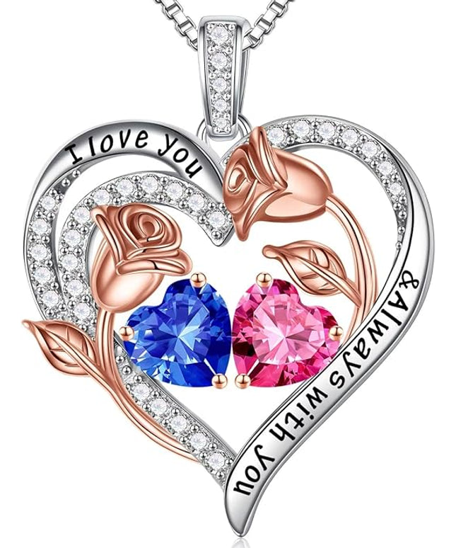 Iefil Christmas Gifts for Women Wife - 925 Sterling Silver Rose Heart Birthstone Necklace Birthday Anniversary Jewelry Gifts for Her Wife Mom Daughter