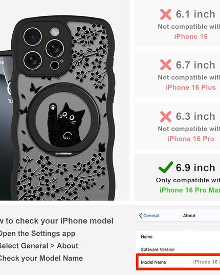 Wavy Case for iPhone 16 Pro Max Case with Stand [Compatible with MagSafe] Cute Black Cat & Floral & Butterflies Pattern Design, Kawaii 360 Magnetic Ring Kickstand Phone Cover for Women Girls