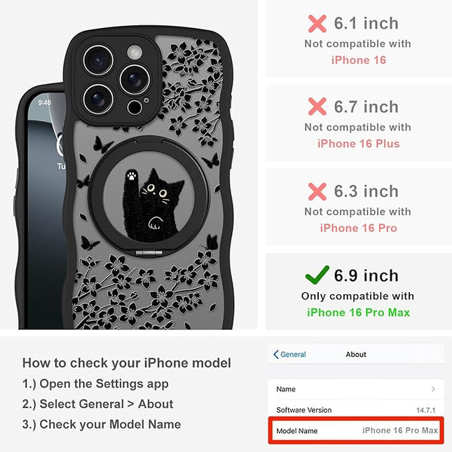 Wavy Case for iPhone 16 Pro Max Case with Stand [Compatible with MagSafe] Cute Black Cat & Floral & Butterflies Pattern Design, Kawaii 360 Magnetic Ring Kickstand Phone Cover for Women Girls