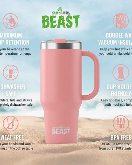 Beast 42 oz Tumbler with Handle Stainless Steel Vacuum Insulated Coffee Ice Cup Double Wall Travel Flask (Blossom Pink)