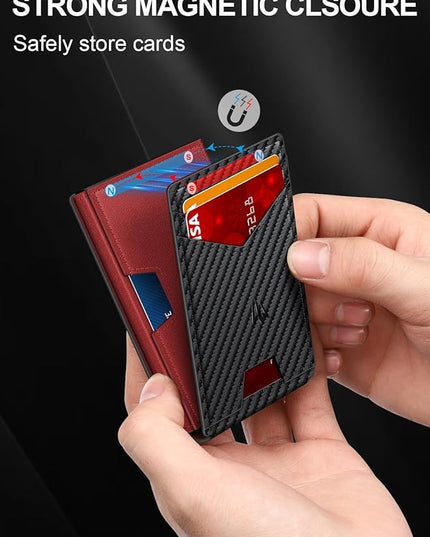 Ruiici Wallet for Men, Slim Minimalist Wallet with Money Clip＆ID Window, RFID Blocking Pop-Up Credit Card Holder, Smart Auminum Mens Wallet Holds 9-13 Cards (Gift Box) (Carbon Fiber & Red)