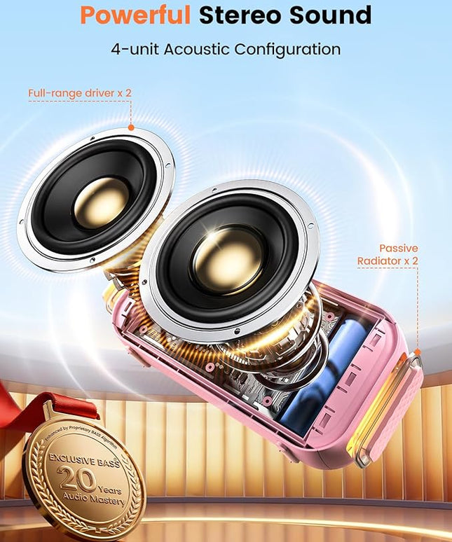 Bluetooth Speaker Stereo 20W Loud Sound: 30H Playtime, IPX5 Water Resistant, Portable Wireless Speakers, Powerful Bass, Lightshow, Birthday Gifts for Men/Adults/Teens, Beach Vacation Essentials, Pink