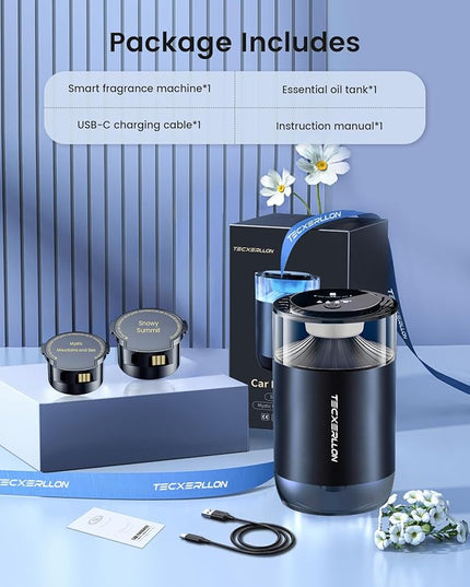 Car Air Freshener, Car Diffuser with Smart Spray Modes (4 Settings) & Essential Oil Monitor, 1600 Sprays USB-C Rechargeable, Auto On/Off, 2 Scents Refills, Car Scent with Ambient Light