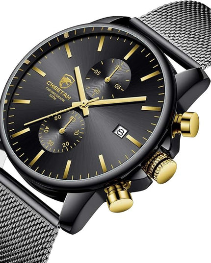 GOLDEN HOUR Mens Watch Fashion Sleek Minimalist Quartz Analog Mesh Stainless Steel Waterproof Chronograph Watches for Men with Auto Date
