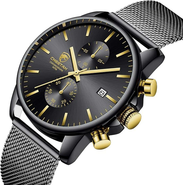 GOLDEN HOUR Mens Watch Fashion Sleek Minimalist Quartz Analog Mesh Stainless Steel Waterproof Chronograph Watches for Men with Auto Date