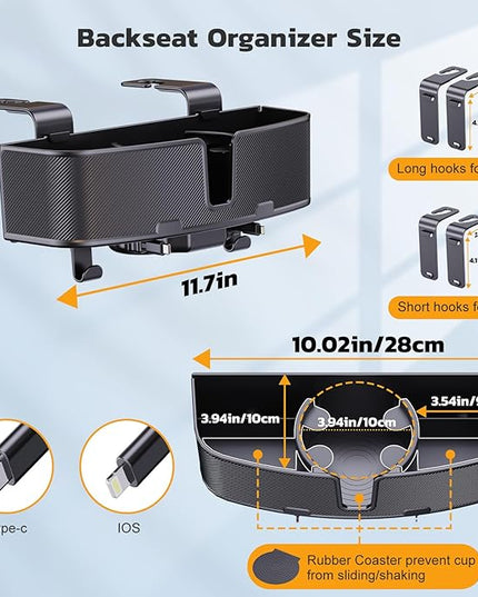 Car Headrest Cup Holder for Back Seat Organizer for Type-c/Lightning Retractable Charging Cables Multi- Hanging Snack Storage Box with Strong Hooks for Kids and Fast Charging for Travel Accessories