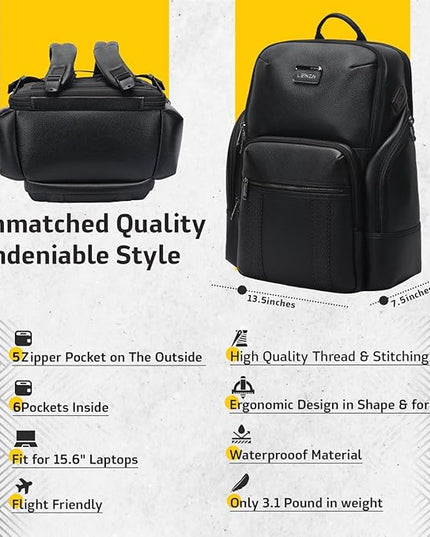 Durable Leather Laptop Business Backpack Perfect for Men & Women, Work Backpack Fits 15.6 Inch, Premium Quality Travel Bag with USB Charging Port, Water-Resistant, Bookbag with Multiple Pockets