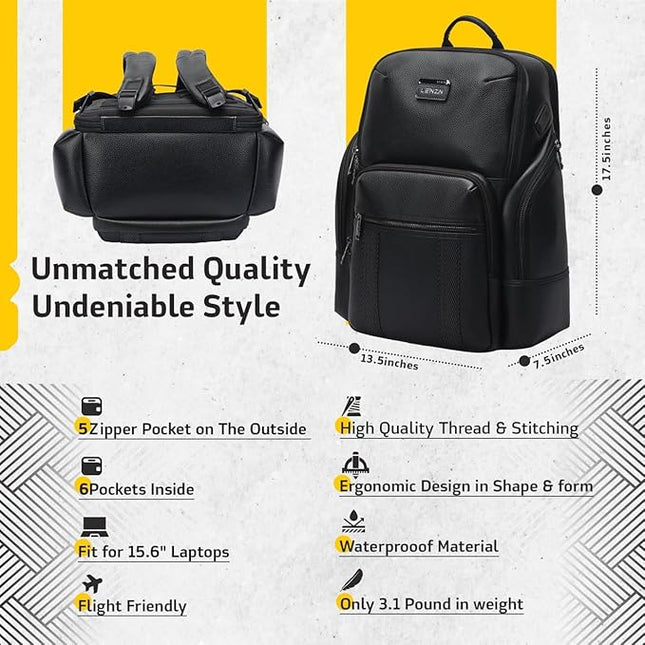 Durable Leather Laptop Business Backpack Perfect for Men & Women, Work Backpack Fits 15.6 Inch, Premium Quality Travel Bag with USB Charging Port, Water-Resistant, Bookbag with Multiple Pockets