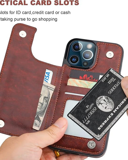 ONETOP Compatible with iPhone 13 Pro Max Wallet Case with Card Holder,PU Leather Kickstand Card Slots Case, Double Magnetic Clasp and Durable Shockproof Cover 6.7 Inch(Brown)