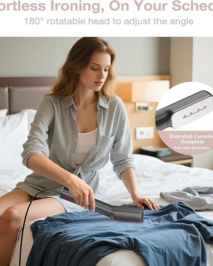 Newbealer 3in1 Clamp Travel Steam Iron with Global Voltage, 100-240V Clothes Steamer, Dry Ironing & 2 Steam Levels, Non-Stick Ceramic Soleplate, Auto-off, Self Cleaning, w/Detachable Clamp (Ashpink)
