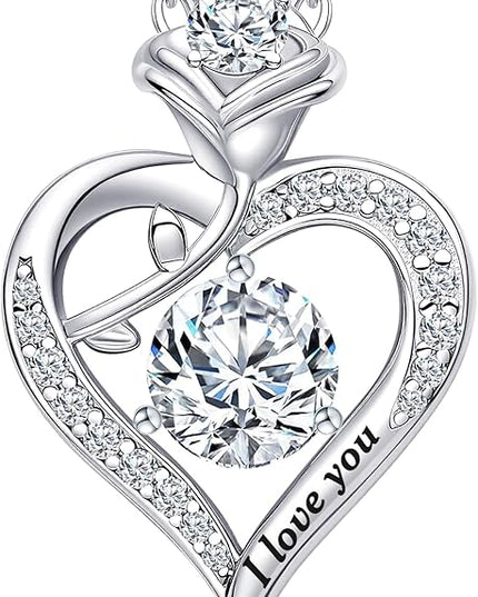 Rose Heart Pendant Necklace Gifts for Wife, Engraved 'I love you' Gift for Wife Girlfriend, Anniversary Birthday Eternity Jewelry Present for Women, Moissanite Necklace Gift for Her