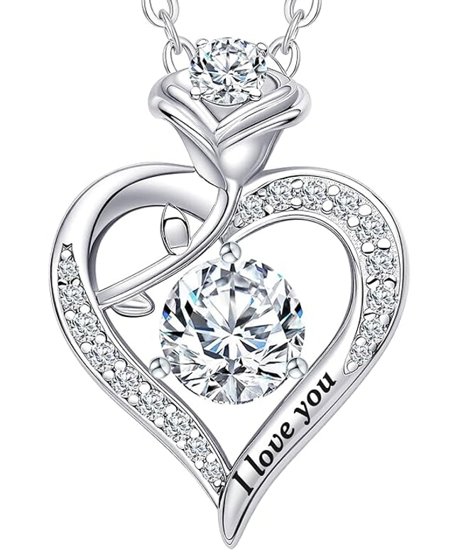 Rose Heart Pendant Necklace Gifts for Wife, Engraved 'I love you' Gift for Wife Girlfriend, Anniversary Birthday Eternity Jewelry Present for Women, Moissanite Necklace Gift for Her