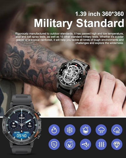 SUNKTA Military Men's Smart Watch (Answer/Dial Calls),100 Sports Modes, 5ATM Waterproof Fitness Watch with Heart Rate/SpO2/Blood Pressure for Android and iOS,1.39''HD Full Screen Smartwatch