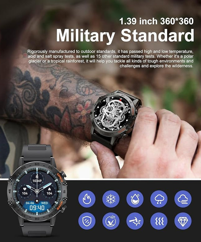 SUNKTA Military Men's Smart Watch (Answer/Dial Calls),100 Sports Modes, 5ATM Waterproof Fitness Watch with Heart Rate/SpO2/Blood Pressure for Android and iOS,1.39''HD Full Screen Smartwatch