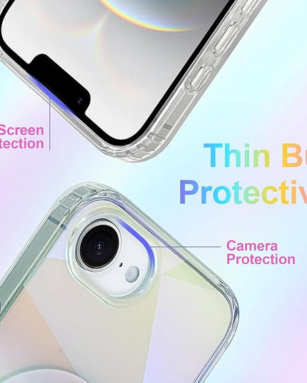 Cute Case for iPhone 16e Case for Women Girls [ Compatible with Magsafe ] Clear Glitter Girly Aesthetic Rainbow Sparkly Bling Magnetic Phone Cover, Iridescent Geometry