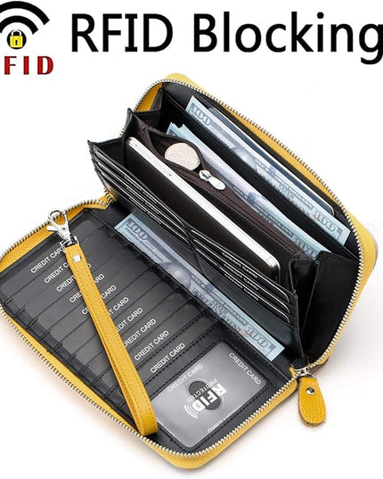 Moflycom Womens Wallet RFID Blocking Genuine Leather Multi Credit Card Large Capacity Zip Around Clutch Travel Purse Wristlet