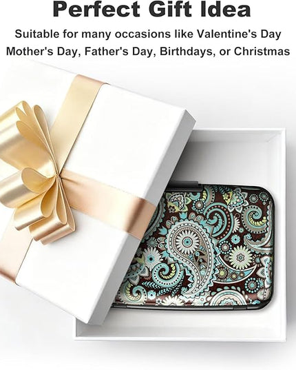 ELFISH Mini RFID Aluminum Wallet Credit Cards Holder Business Card Case Metal ID Case for Men Women (Blue flower)